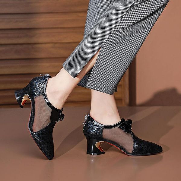 

sandals mesh women's spring/summer 2021 mother shoes leather high heel boots pointed thick bow women, Black