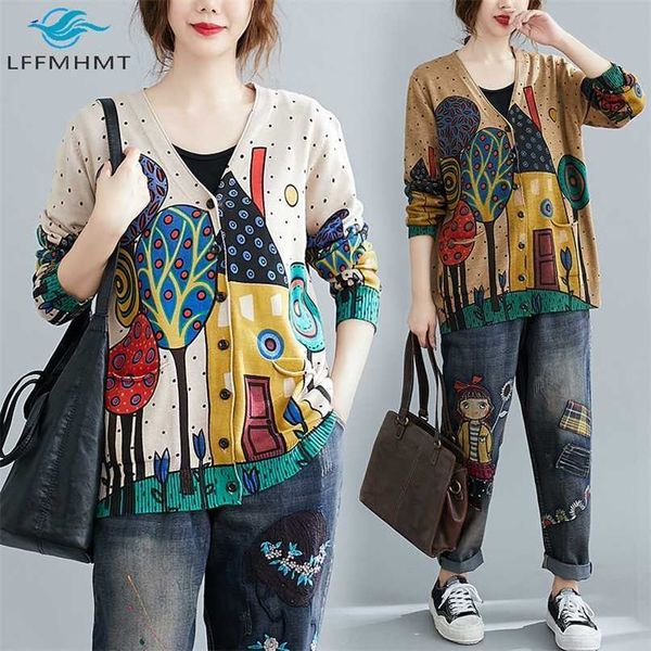 

spring fall women baggy cartoon print knitted sweaters office lady v-neck vintage casual loose cardigan knitwear female clothes 211011, White;black