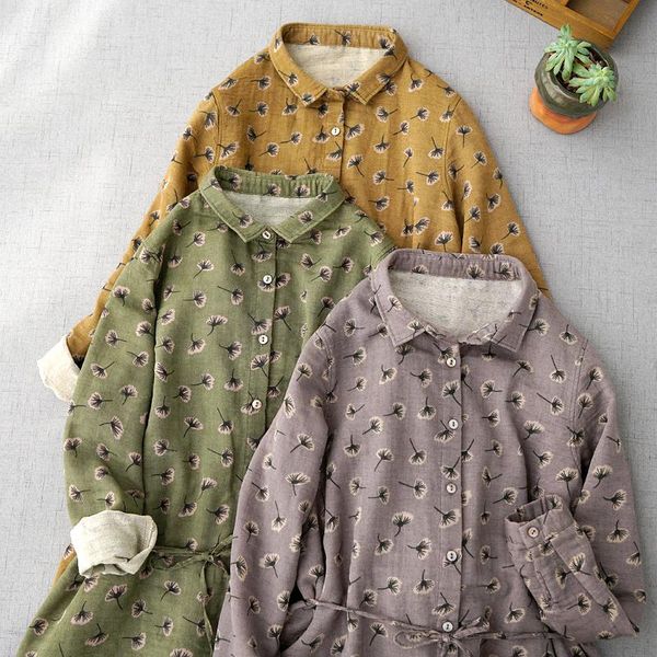 

casual dresses spring autumn women bacis loose vintage print comfortable water washed cotton shirt w/h belt, Black;gray