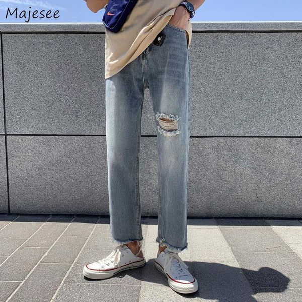 

men's jeans men ripped vintage straight summer bf solid casual all-match high street students denim pocket trousers baggy fashion, Blue