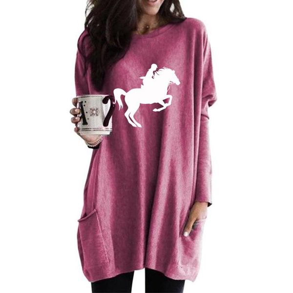 

women's hoodies & sweatshirts girl riding horse cartoon print pocket long for female femmes animal lover gift plus size women casual, Black