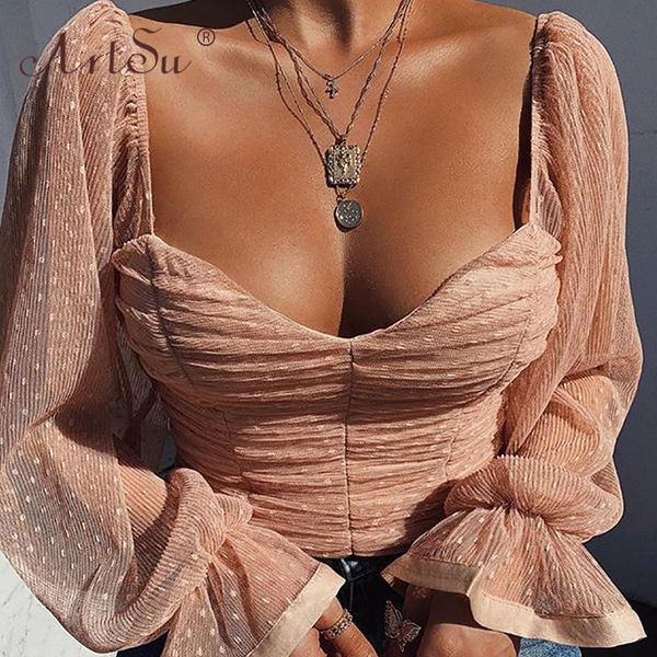 

women's blouses & shirts 2021 spring v-neck elegant women ruffles long sleeve mesh shirt backless polka dot crop blusas pink, White