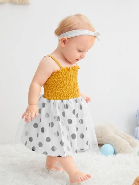 

baby polka dot contrast mesh shirred cami dress she, Red;yellow