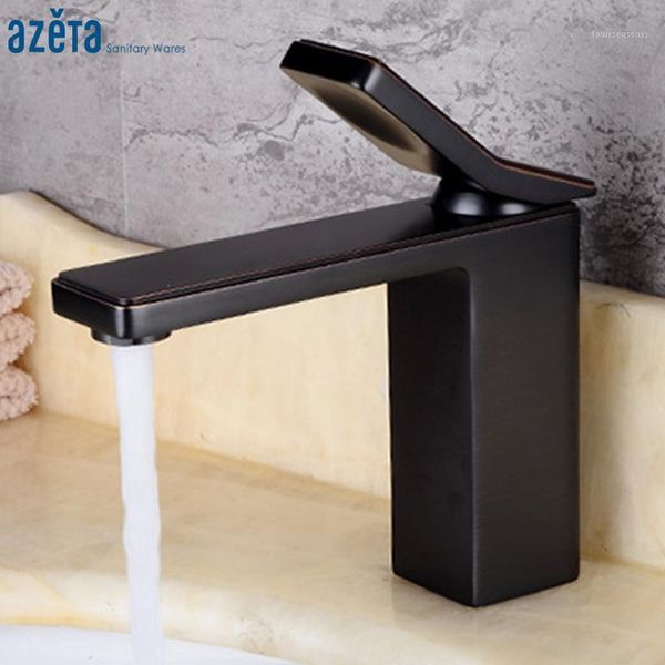 

bathroom sink faucets black finish square single handle basin mixer tap deck mounted & cold water contemporary at6686b1