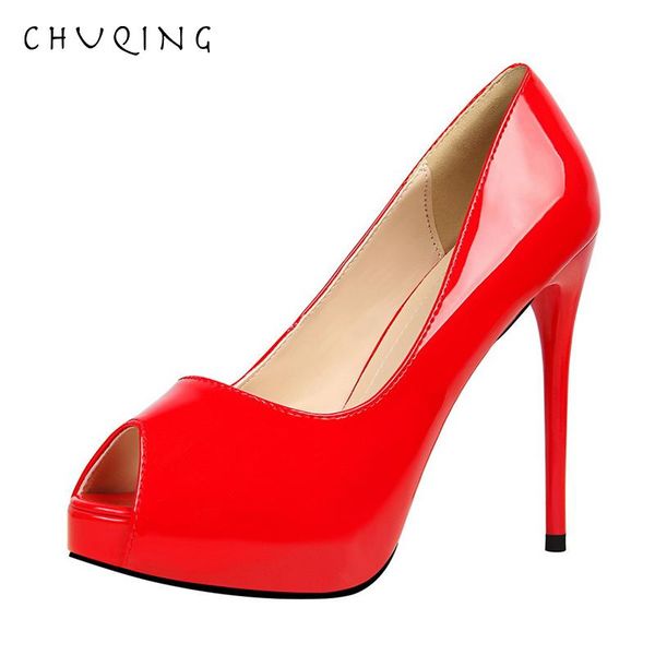 

dress shoes chuqing fashion simple ultra high heel waterproof platform patent leather slim heels, Black