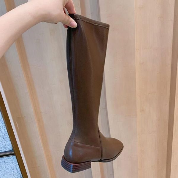 

boots 2021 winter shoes women's riding genuine leather square toe zipper keep warm knee high bottes femme, Black