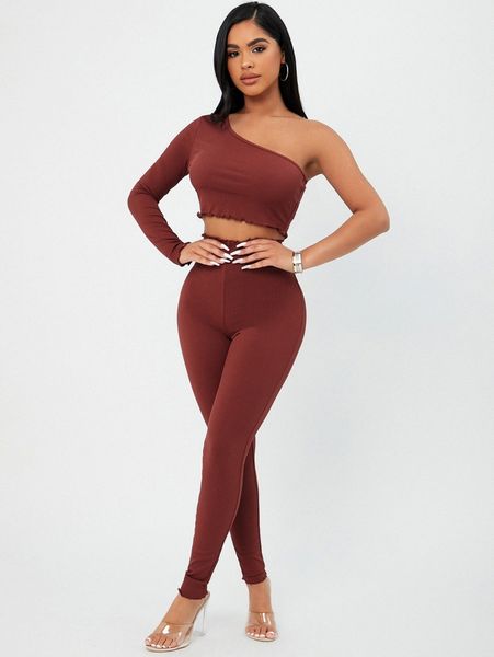 

sxy one shoulder lettuce trim crop & leggings a4yo#, White