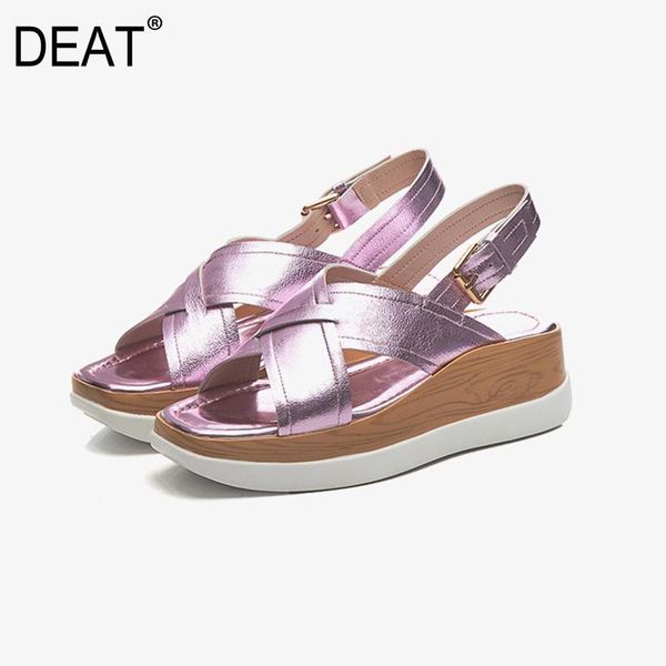 

[deat] 2021 spring summer square toe genuine leather buckle strap cross band wedges platform sandals women fashion 10sj647, Black