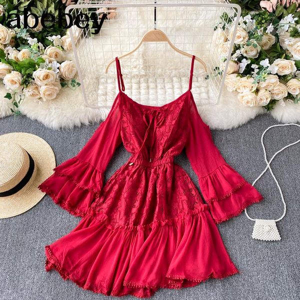 

casual dresses women off shoulder strap dress french flared sleeve lace a-line spring elegant streetwear ruffles short, Black;gray