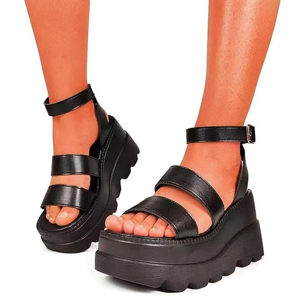 

sandals summer women students flat platform wedge shoes genuine leather gladiator female outdoor beach 7v91, Black