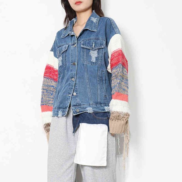 

women's jackets twotwinstyle casual tassel patchwork knitted for women lapel long sleeve streetwear denim female fashion fall ss45, Black;brown