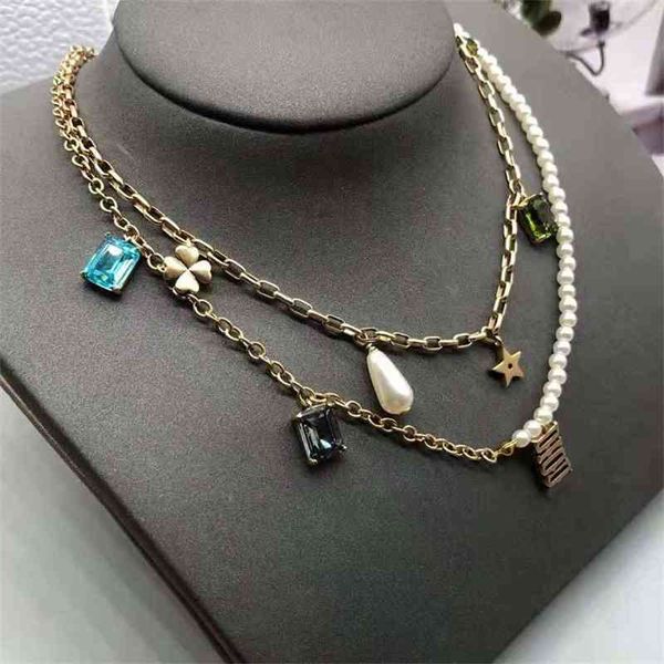 

designer jewelry letter pearl colored stone two-layer necklace 2021 brass neck chain j5el, Silver