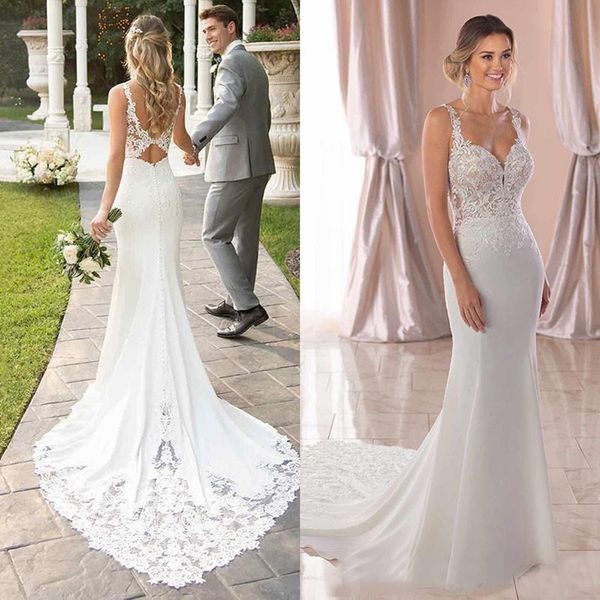 

2021 beach wedding dresses bridal gown spaghetti straps mermaid lace applique sweep train backless custom made vestido de novia, White