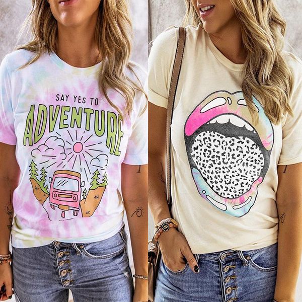 

women's t-shirt 2021 summer round neck pullover printed short sleeve top, White