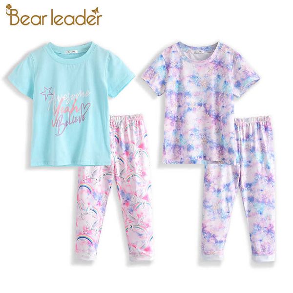 Urso líder bebê crianças pijamas conjuntos de algodão meninas sleepwear terno verão pijama floral tops calças 2 pcs unicórnio crianças roupas 210708