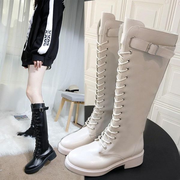 

boots 2021 thicken winter knight women knee high long square heel retro thick motorcycle black white botas mujer
