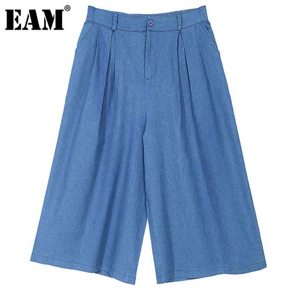 

[eam] high elastic waist blue big size wide leg pants trousers loose fit pants women fashion spring summer 1dd6639 210512, Black;white