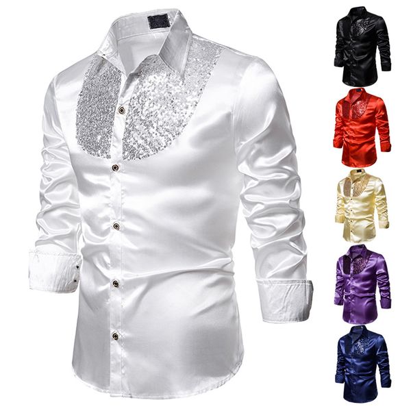 

red sequin glitter silk shirt men fashion stage prom dance dress shirts party wedding groom satin patchwork male, White;black