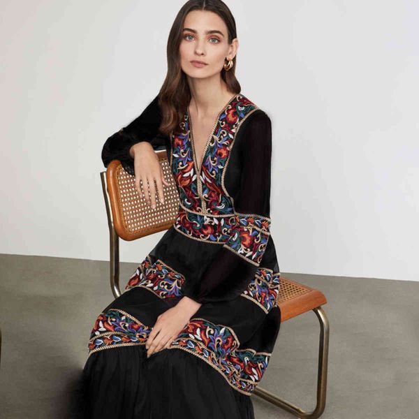 

jastie retro floral embroidered maxi dress v-neck long sleeve spring autumn women clothing boho dresses female vestidos 210419, White