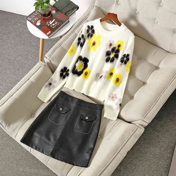 

two piece dress fall winter long sleeve round neck mohair knitted sweater + pu buttons mini short skirt suits 2 s set nn0520110412 zd79, White