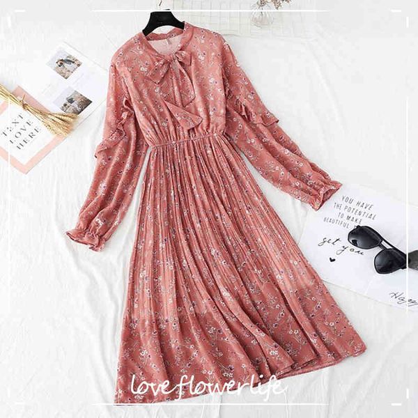 

women summer dress spring female flare sleeve casual print ruffles chiffon dress high waist floral pleated dress robe femme 210521, Black;gray