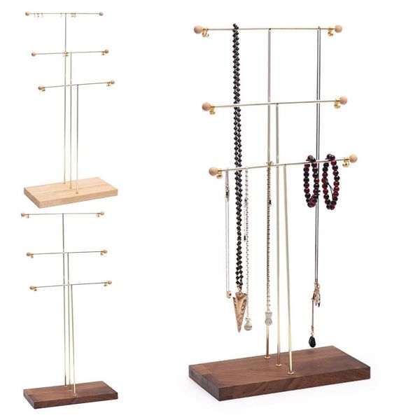 

jewelry pouches, bags organizer stand metal & wood,3 tier for necklaces bracelet earrings ring display, Pink;blue