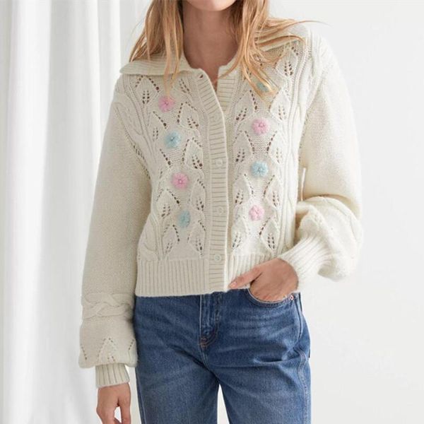 

women's knits & tees long sleeve sweaters colorful floral embroidery hollow out turn-down collar single breasted ladies simple knit car, White