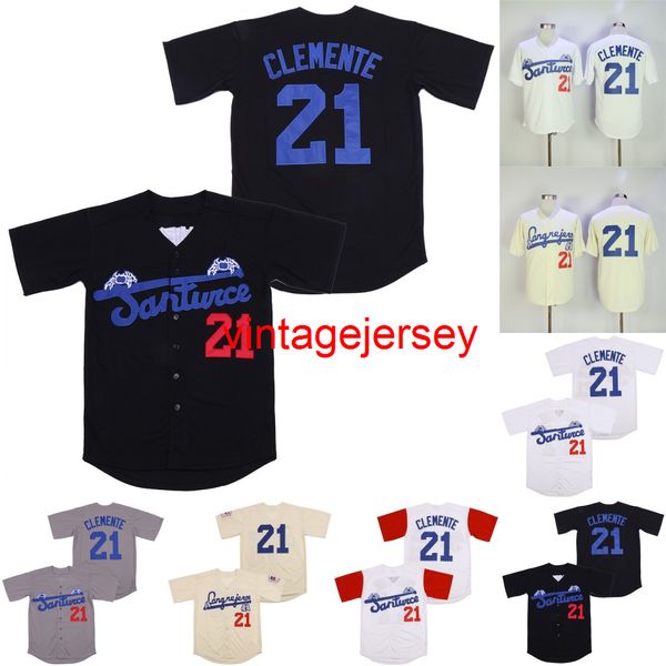 Santurce Crabbers Puerto Rico Jersey 21 Roberto Clemente 100 % genähte Film-Baseball-Trikots Schwarz Weiß Creme S-XXXL