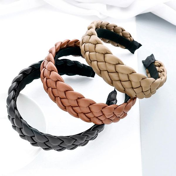 

hair accessories pu wide side weaving headbands solid color hairbands for women girls retro head band hoops headwear