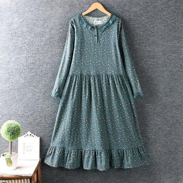 

casual dresses spring women dress japan style mori girl literary turndown collar cotton and linen print loose long sleeve, Black;gray