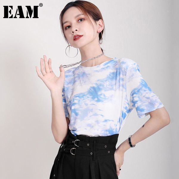 [EAM] Frauen Tie Dry Slim Blau Grün Schwarz Casual T-shirt Rundhals Kurzarm Mode Frühling Sommer 1DD7667 210512