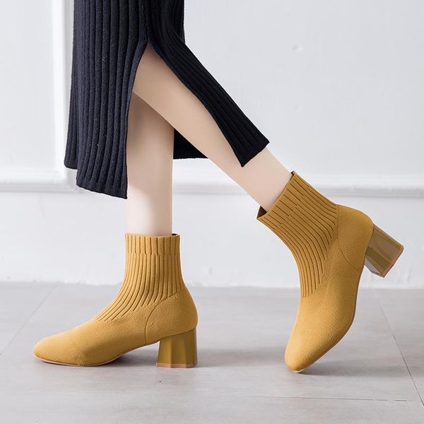 

boots women's stretch fabrics sock for women shoes square heel yellow knitting elastic cotton lady footwear m4-51, Black