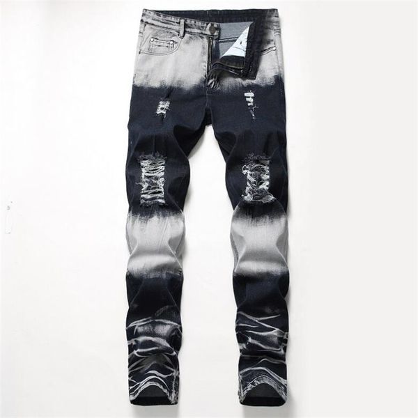 

men's jeans men retro hole bleached distressed scratched ripped denim trousers male cowboy vintage straight stretch 77gl, Blue