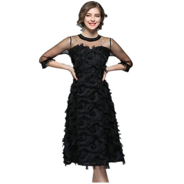 

casual dresses jsxdhk 2021 runway designer women dress summer black patchwork mesh feather tassel emprie three quarter sleeve party, Black;gray