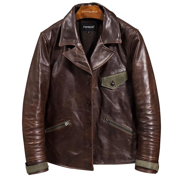 

men's leather & faux 2021 vintage cow canvas stitching slim fit short real coat men lapel maroon fashion jacket male, Black