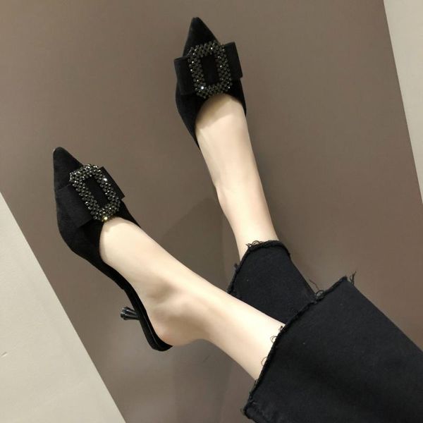 

slippers outside med thin heels women closed toe shallow butterfly-knot slides summer solid shoes, Black