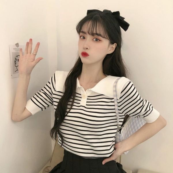 

women's t-shirt korean style sailor collar female 2021 summer french sweet versatile slimming student knitted short-sleeved shirt, White