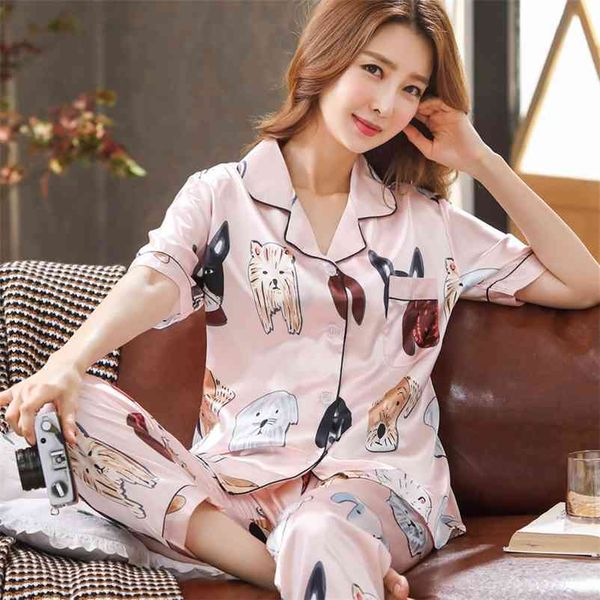 Thoshine Brand China Satin Silk pijamas conjuntos de tops calças mulheres imprimir nightwear casual roupas casas sleepwear botões fechamento 210330