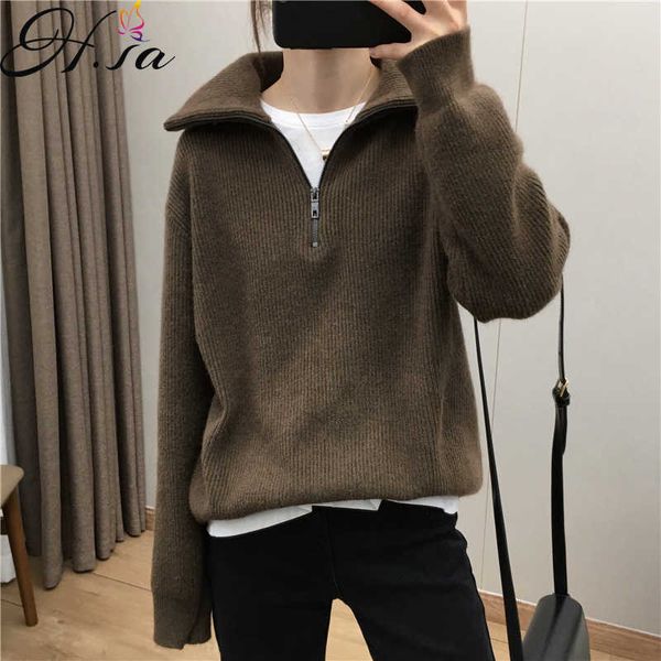 

h.sa winter sweater women thickening korean vintage zipper turtleneck oversized sweater jumper knitwear pullover female jumper 210716, White;black