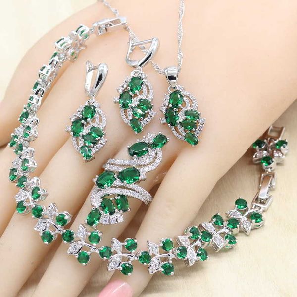 

green semi-precious women silver color wedding jewelry sets with bracelet necklace pendant earrings ring birthday gift h1022