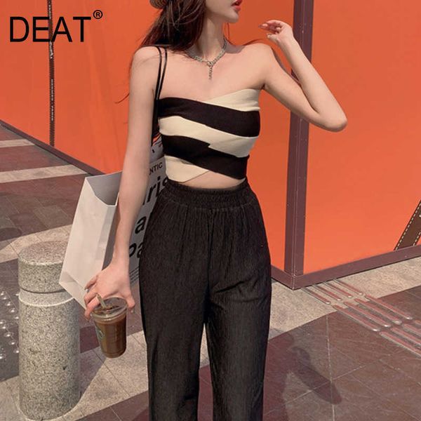 

[deat] summer fashion vest stripe sleeveless irregular back zipper temperament knitting tank 13q310 210527, White