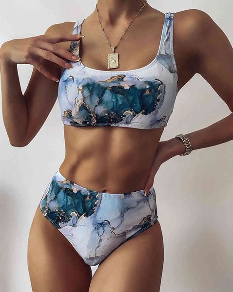 

sport bandau bikini women's print, marble print two swimsuit, high waist, 2021