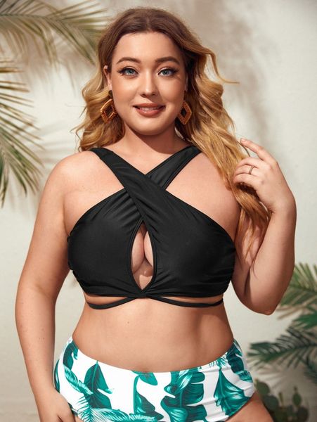 

plus plain criss cross bikini j5ai#, Black