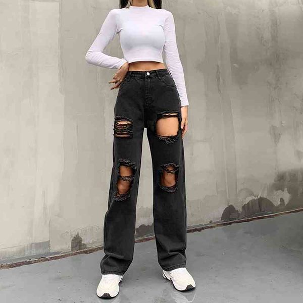 

women wear straight black hole jeans, large size loose high waist jeans, punk, boyfriend y2k jeans denim jeans 210602, Blue