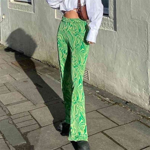 Pantaloni della tuta Y2K con stampa Paisley Pantaloni a gamba larga per le donne Estate Tie Dye Pantaloni a vita alta oversize verdi a vita alta Donna 210510