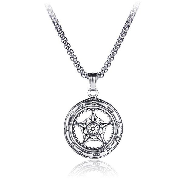 

pendant necklaces stainless steel round rudder necklace hip hop jewelry star letter vintage punk for men, Silver
