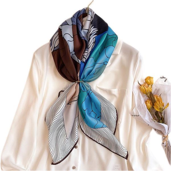 

scarves 2021 winter real women pashmina hijab twill silk women's fashion oil painting printing shawl sunscreen bandana 90cm, Blue;gray