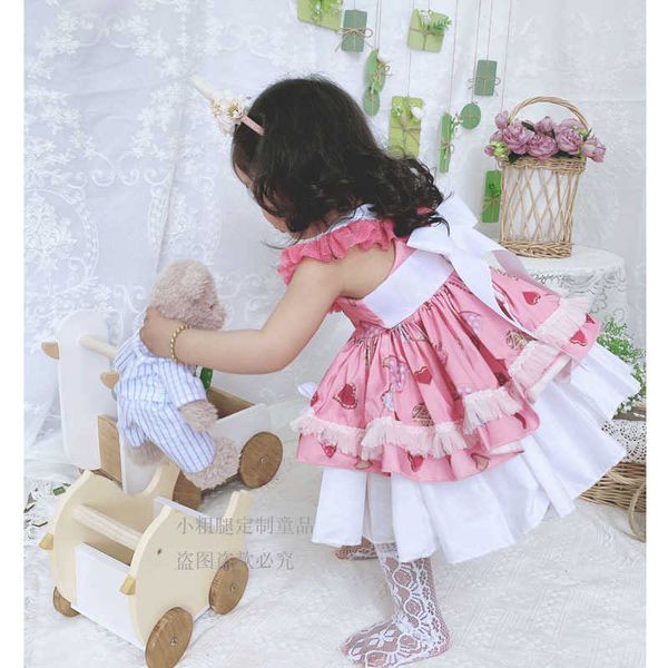 2020 Sommer Neuheiten Spanien Cookies Muster Kleid Rosa Frische Prinzessin Kleid Baby Mädchen Kleidung Mädchen Party Kleid Kinder Geschenk Q0716