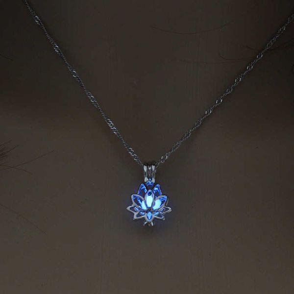 

luminous glowing in the dark moon lotus flower shaped pendant necklace for women yoga prayer buddhism jewelry, Silver