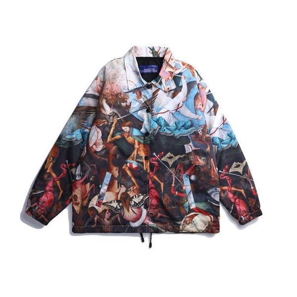 

trendy brand oil painting over printed jacket windbreaker men's ins trendy loose lapel casual coat, Black